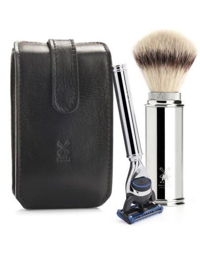 Muehle - Дорожный бритвенный набор Чехол из натуральной черной кожи Дорожный помазок Дорожная бритва Fusion