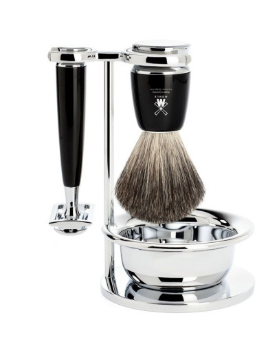 Muehle Rytmo - Бритвенный набор Черная смола Натуральный барсучий ворс Т-образная бритва Чаша
