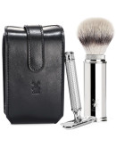 Muehle - Дорожный бритвенный набор Чехол из натуральной черной кожи Дорожный помазок Т-образная бритва