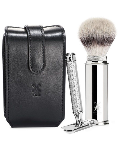 Muehle - Дорожный бритвенный набор Чехол из натуральной черной кожи Дорожный помазок Т-образная бритва